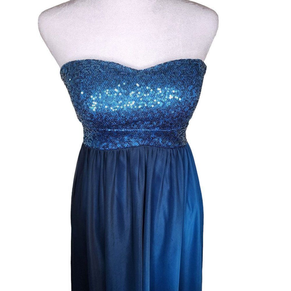 Vintage Y2K Strapless Sequin Cocktail Dress Hi Low Womens Size S Blue Party Prom